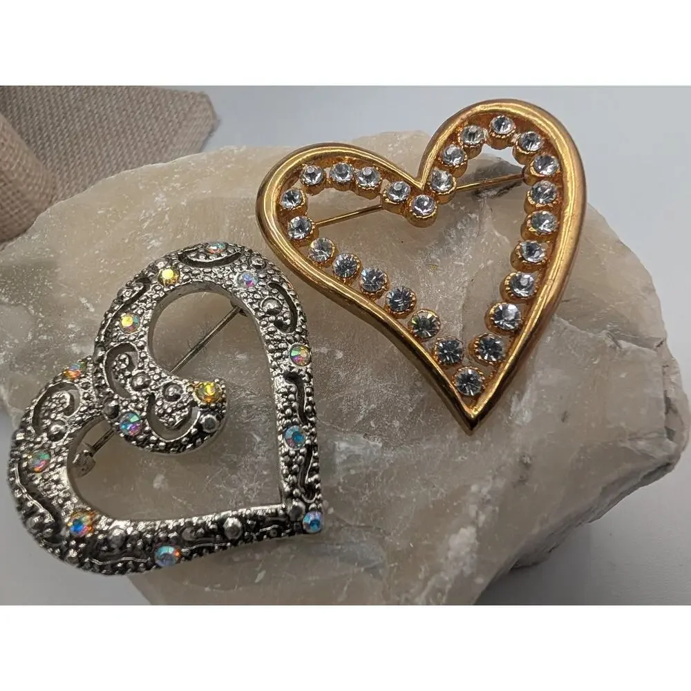 Vintage Heart Brooch Pin Lot Silver Tone AB Rhinestone Gold Tone Clear Crystal